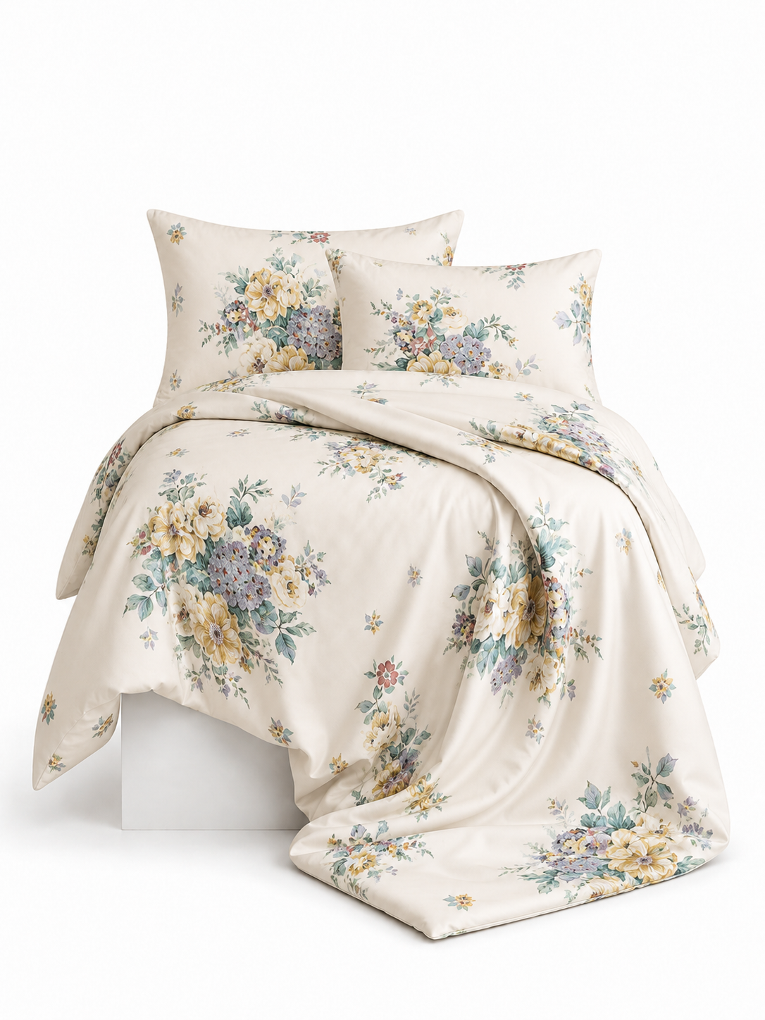 Secret Garden floral cotton bedsheet set styled on a bed – 300 Threads