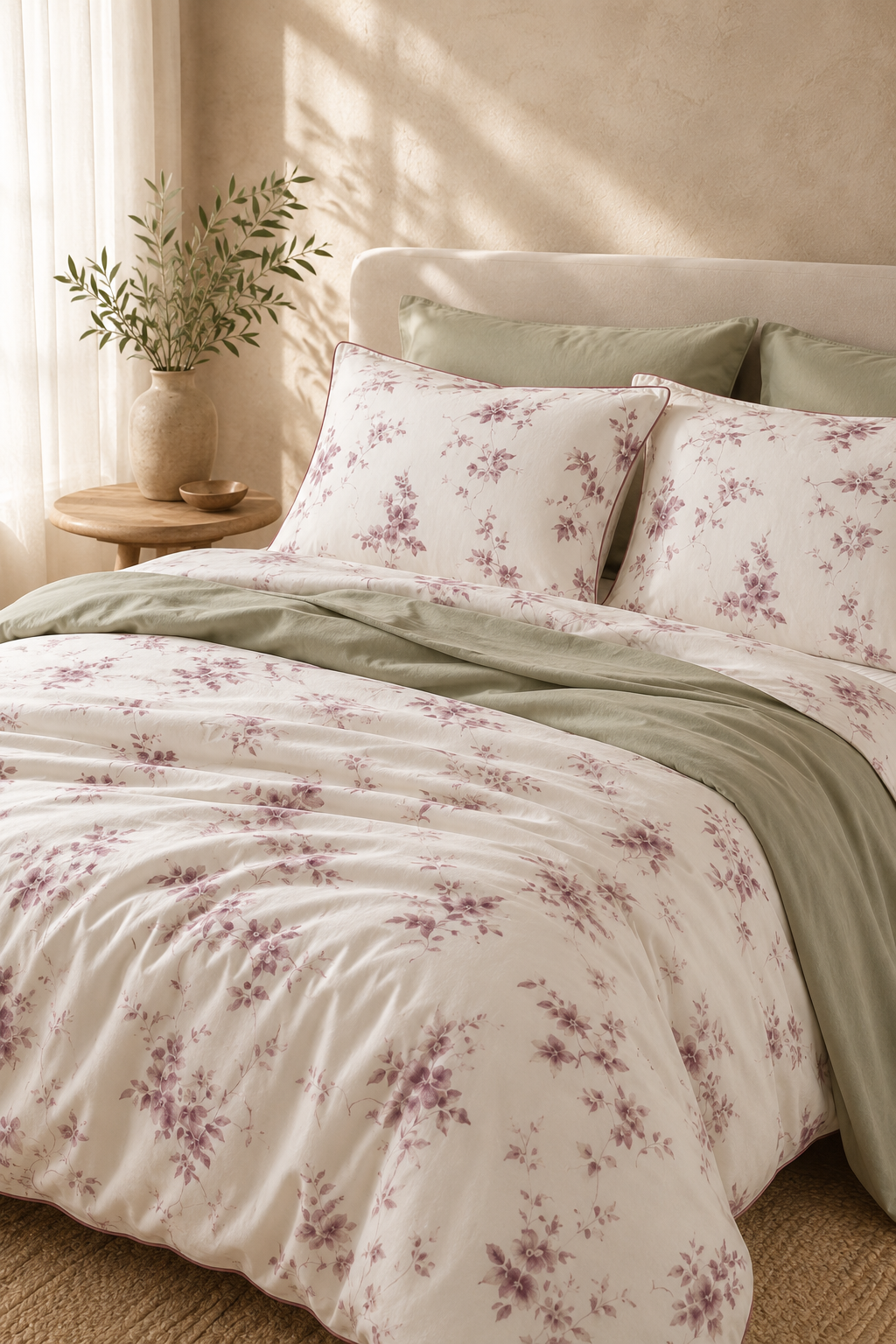Wildflower Meadow cotton King bedsheet set – full set on bed