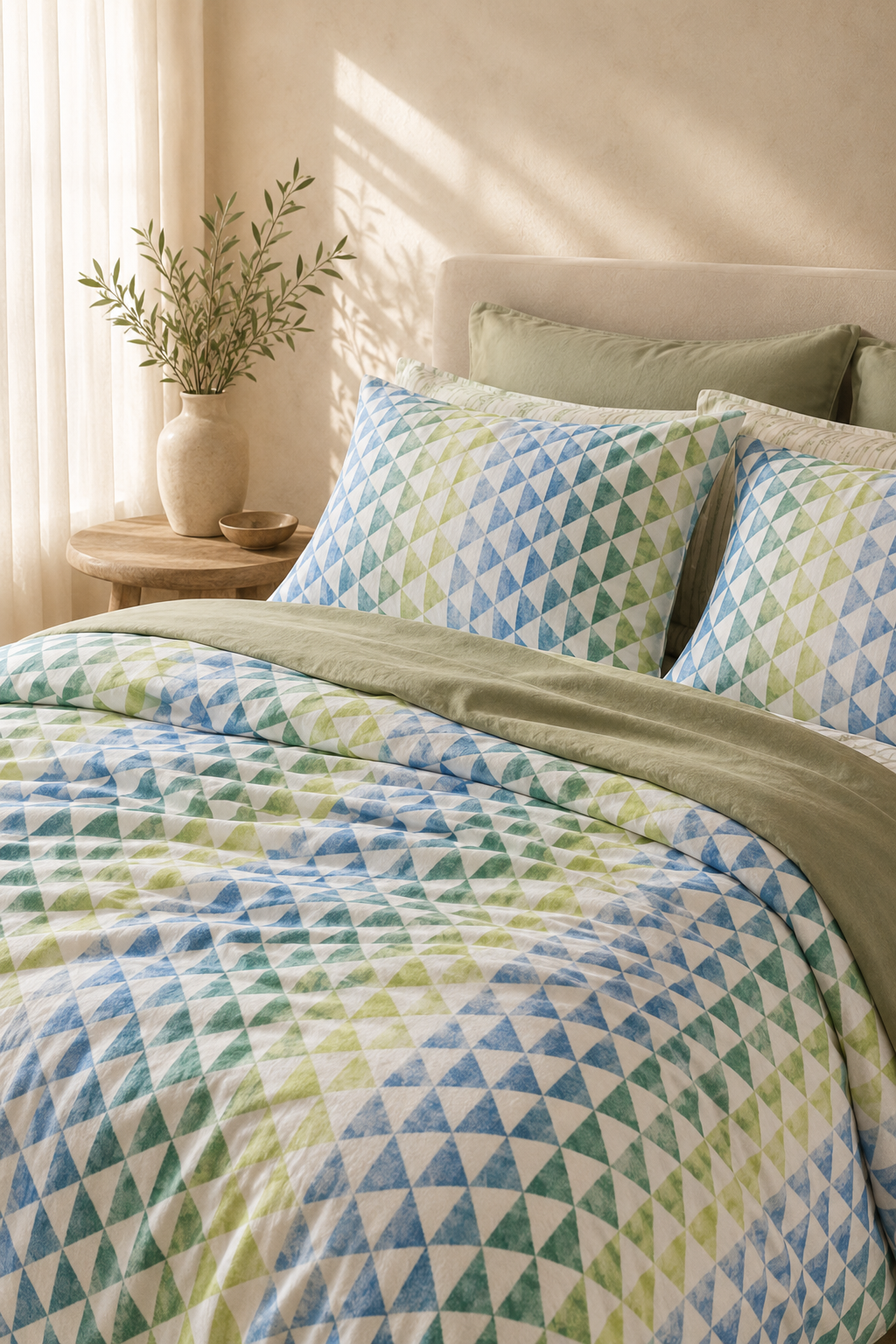 Coastal Breeze cotton King bedsheet set – full set on bed