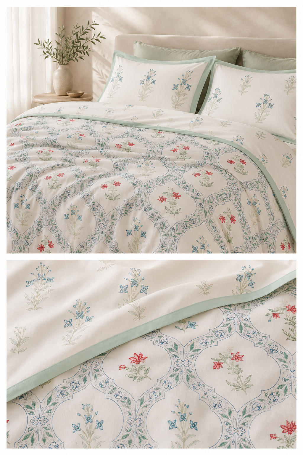 Meadow Bloom pastel floral King bedsheet set – full set on bed