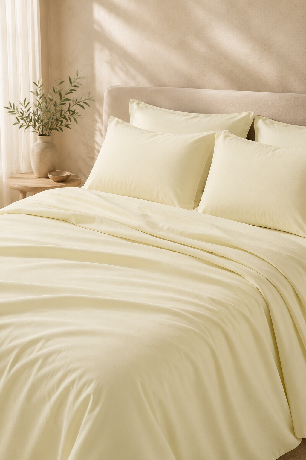 Maison Luxe beige solid cotton bedsheet set – full set on bed