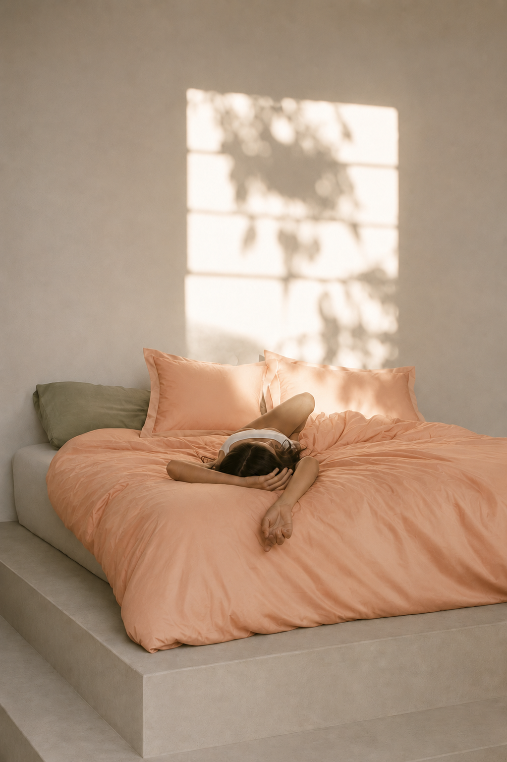 Maison Luxe blush pink solid cotton bedsheet set – full set on bed