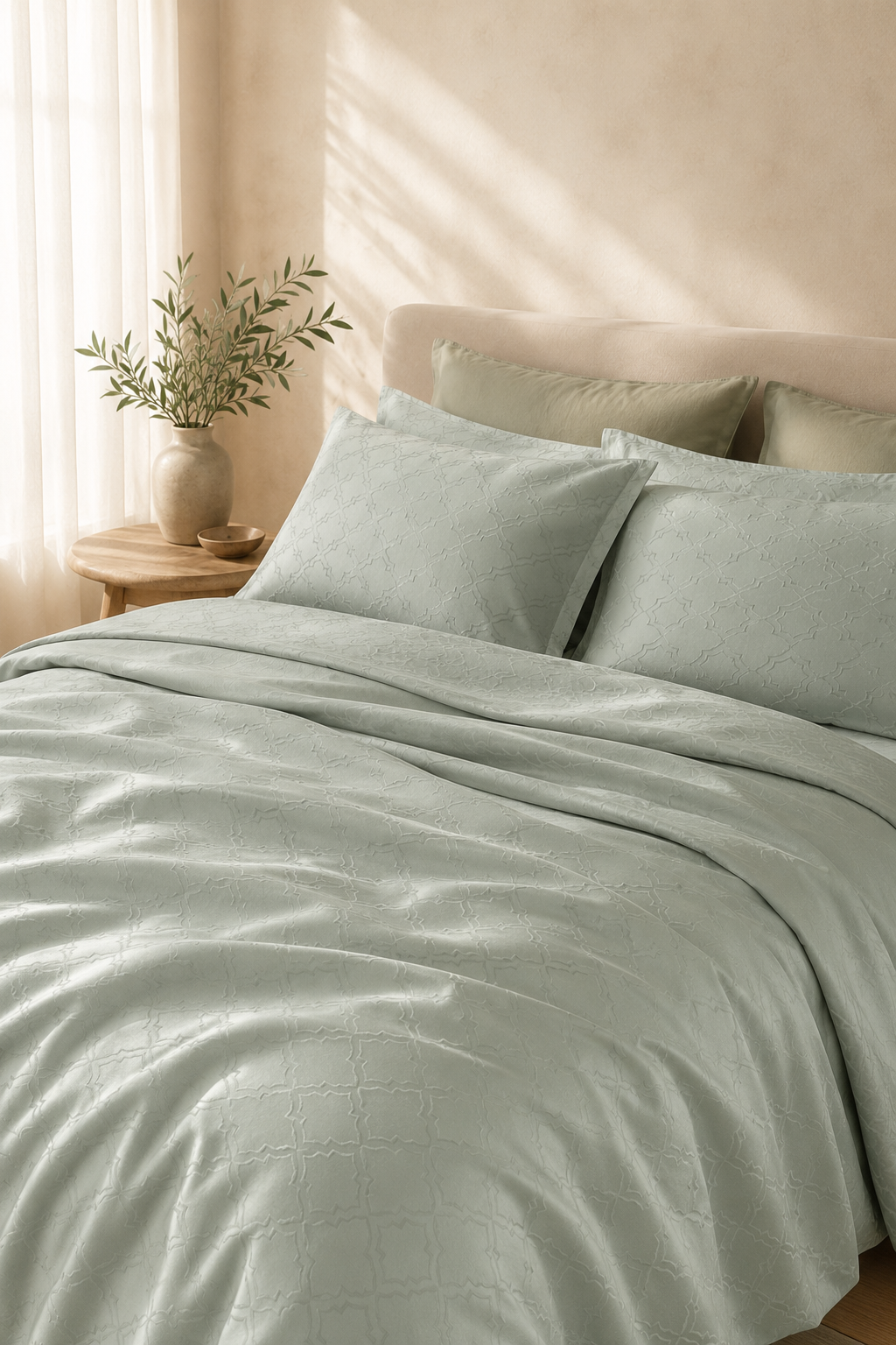 Aurelia sage green 300 TC King cotton bedsheet set – full set on bed