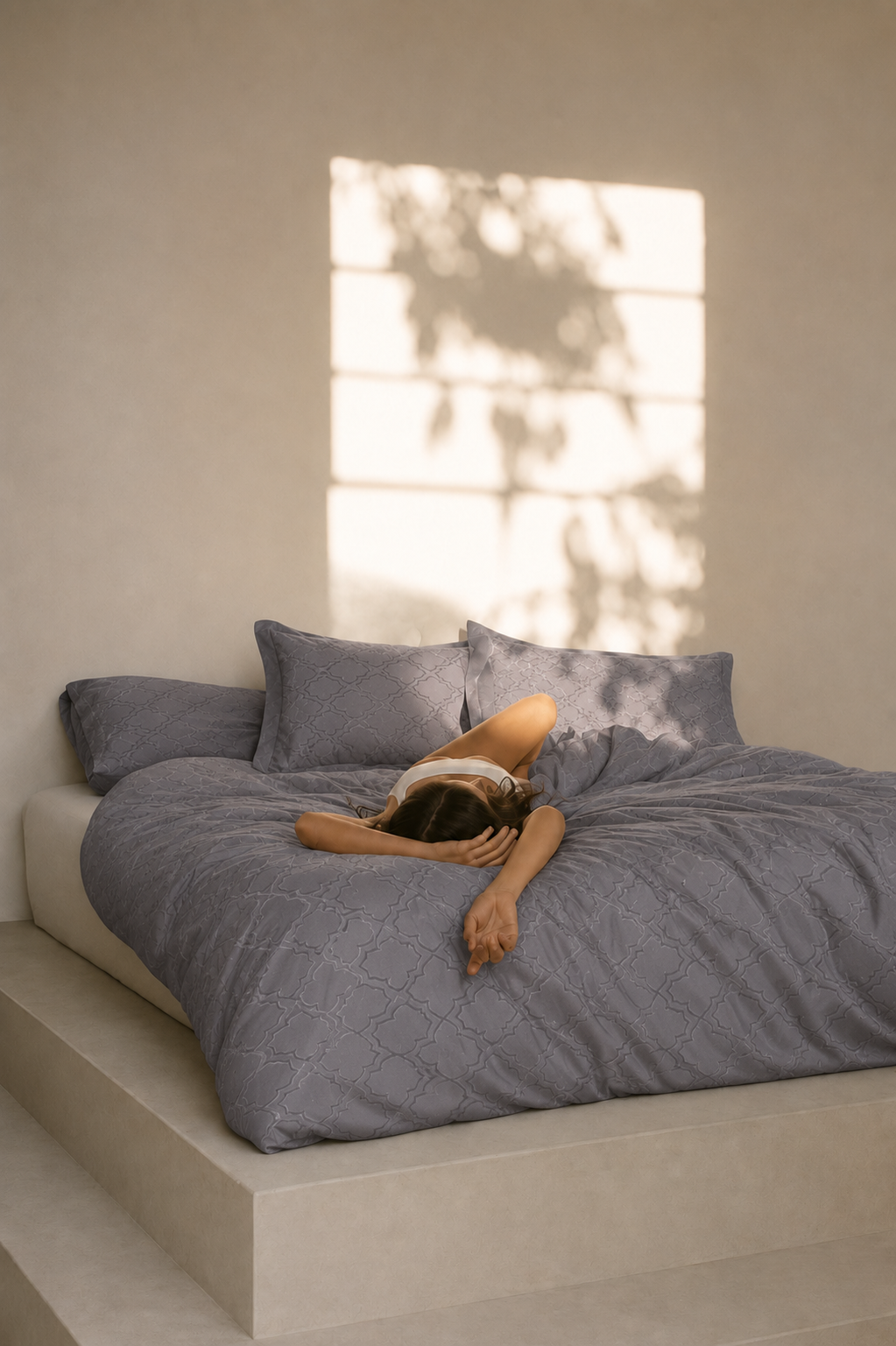 Aurelia mocha grey 300 TC King cotton bedsheet set – full set on bed