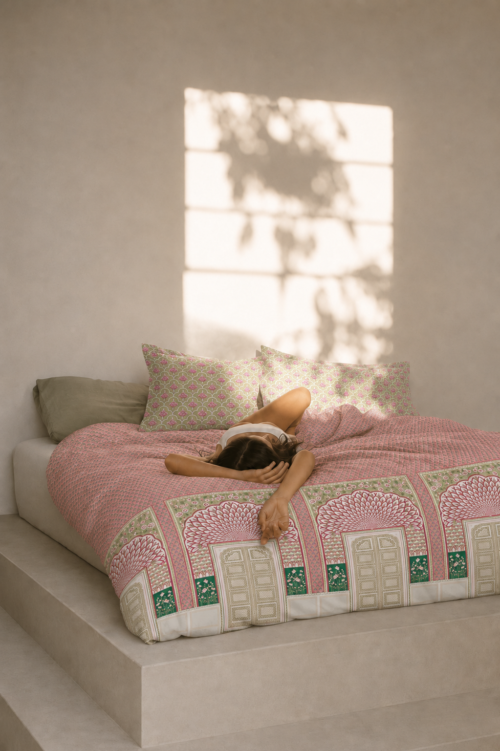 Shahi Dwar ornamental fitted cotton bedsheet set – full set on bed
