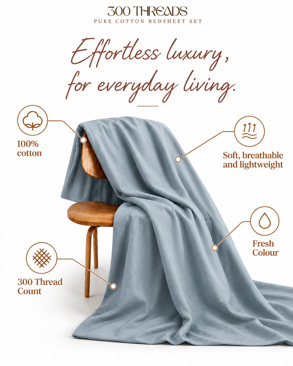 Maison Luxe Misty Blue lightweight 100% cotton bedsheet